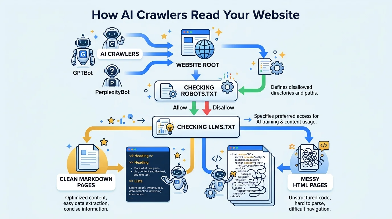 Flow diagram showing GPTBot, ClaudeBot and PerplexityBot reaching a website root, checking robots.txt and llms.txt, then reading clean Markdown versus messy HTML