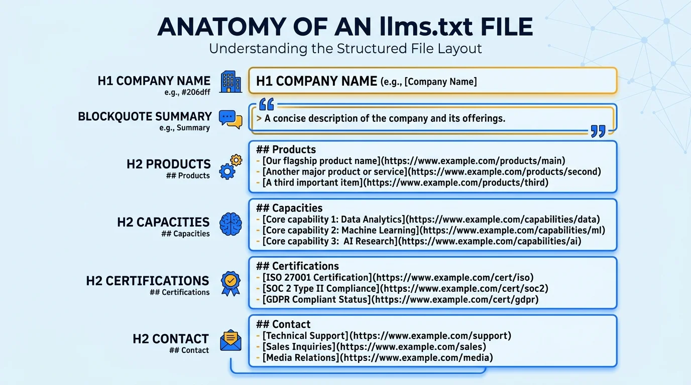 Stacked layout of an llms.txt file showing H1 company name, blockquote summary, and H2 sections for products, capacities, certifications and contact