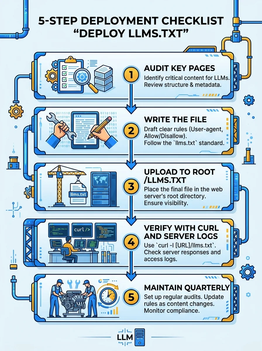 Five-step deployment checklist for llms.txt: audit key pages, write the file, upload to root, verify with curl and logs, maintain quarterly
