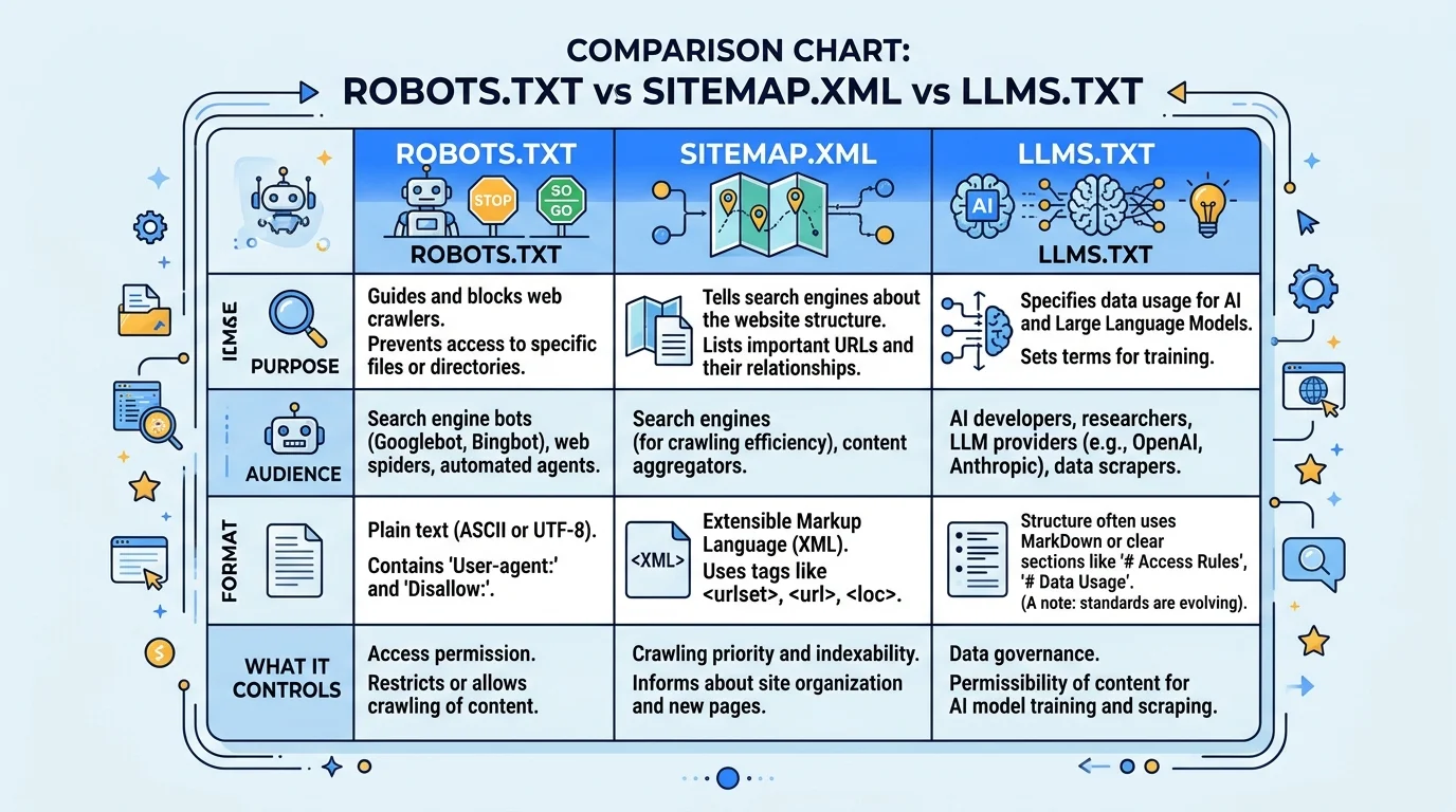 Comparison chart of robots.txt, sitemap.xml and llms.txt covering purpose, audience, format and what each file controls