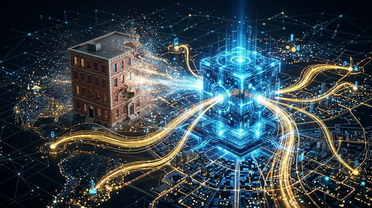 3D rendering showing a physical brick-and-mortar office dissolving into a powerful glowing blue digital network hub, symbolizing the transition to a digital office.