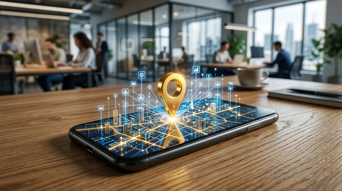 A smartphone on an oak desk displaying a glowing 3D map interface with a prominent gold local search pin connected to surrounding business nodes.