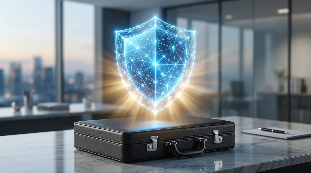 Abstract schema markup transformed into a glowing, translucent blue shield floating above a consultant's briefcase, representing digital trust and authority.