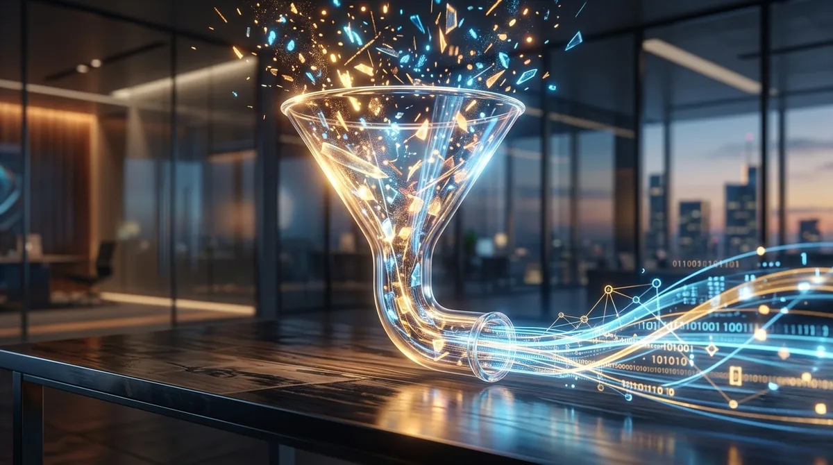 Glowing glass funnel transforming chaotic scattered light particles into an organized blue and gold data stream, representing lead generation.