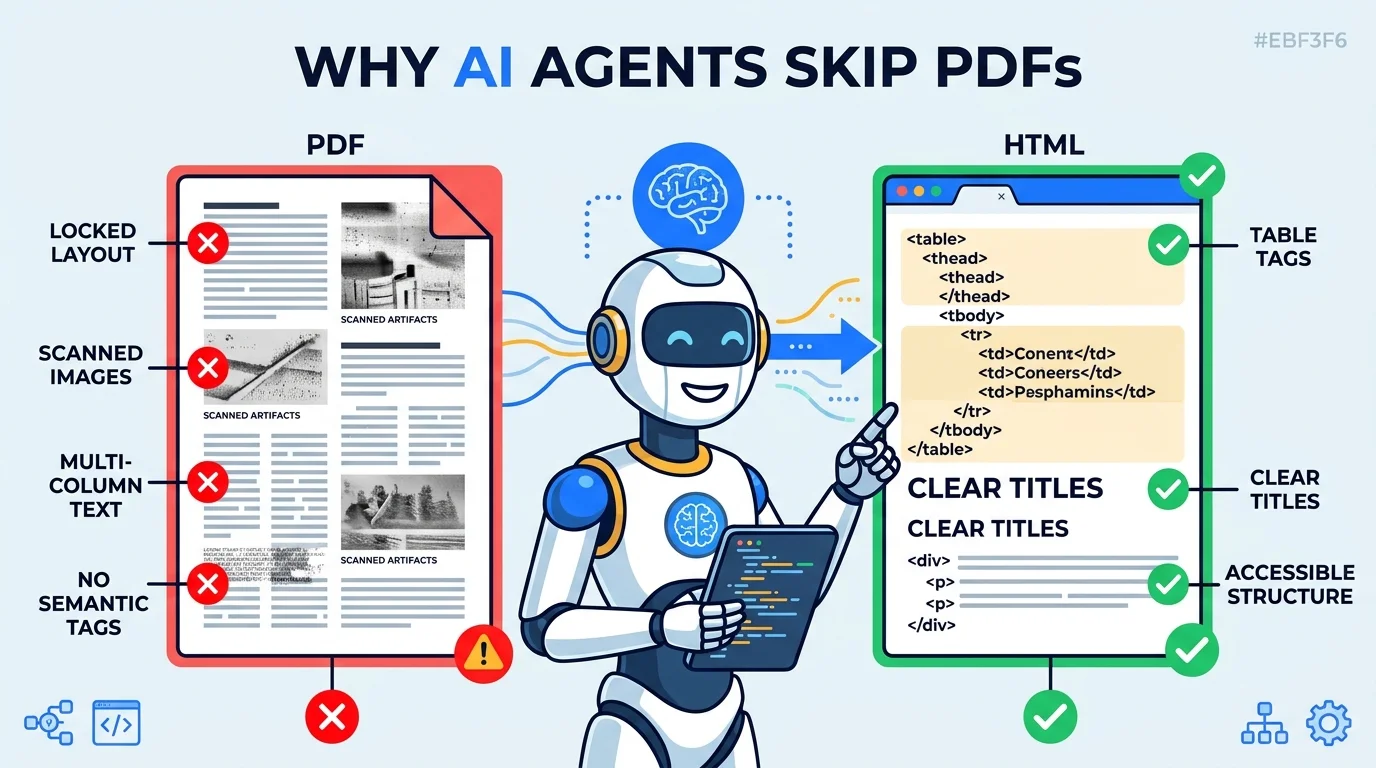 Comparison showing why AI agents skip PDFs, with locked layout, scanned images, multi-column text and missing semantic tags versus clean HTML table tags