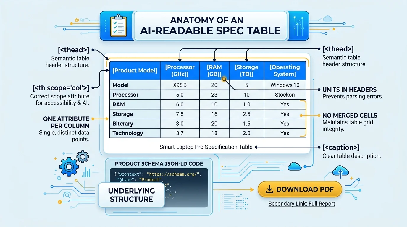 Annotated specification table showing thead, th scope attributes, units in headers, no merged cells, a caption, Product schema and a secondary PDF download link