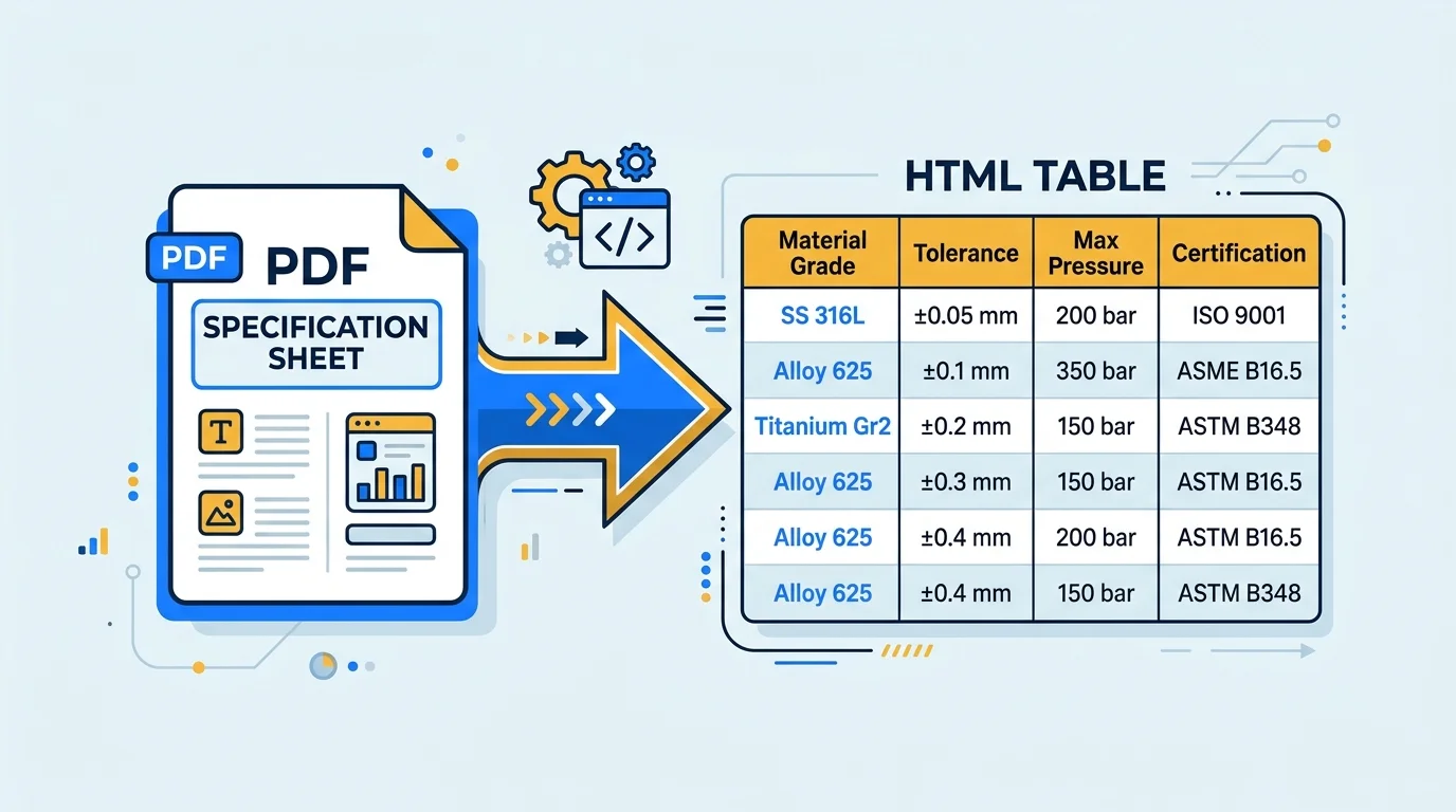 Transformation diagram showing a PDF specification sheet converting into an HTML table with material grade, tolerance, max pressure and certification columns