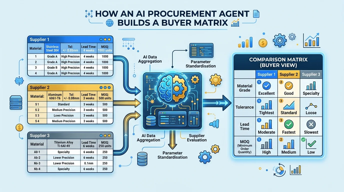 Diagram of three supplier HTML tables flowing into an AI procurement agent that produces a buyer comparison matrix across material grade, tolerance, lead time and MOQ