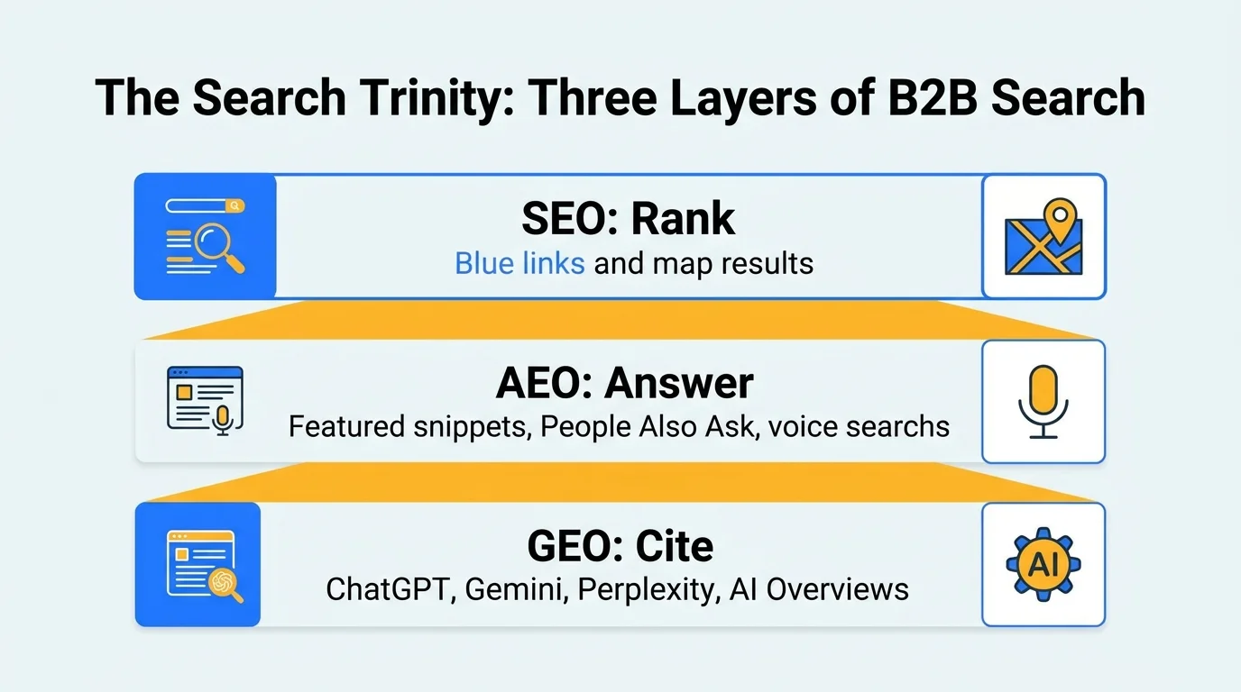 The Search Trinity: SEO ranks pages, AEO wins answer boxes, GEO earns citations in AI answers