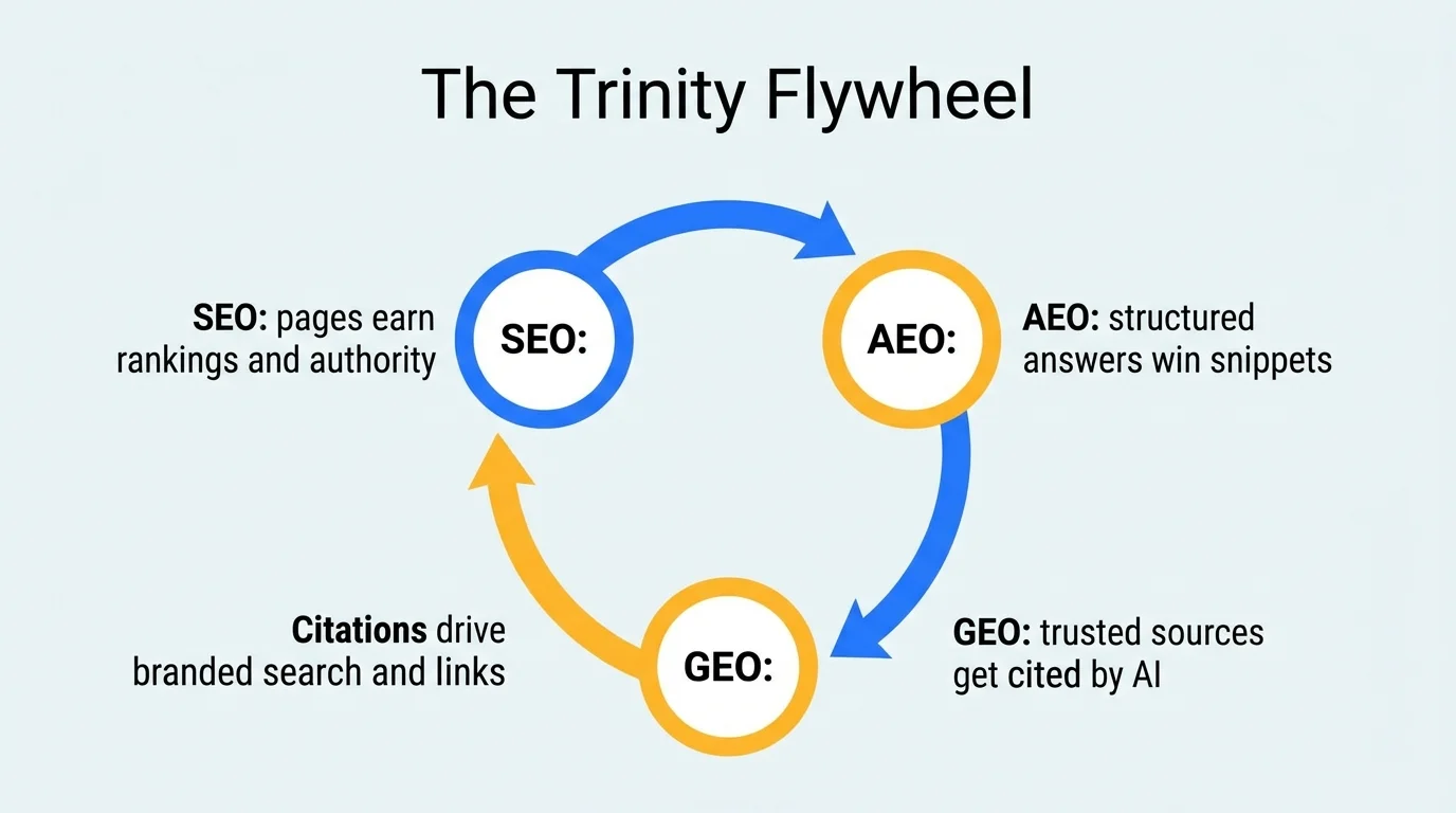 The Trinity Flywheel showing SEO feeding AEO, AEO feeding GEO, and AI citations driving branded search back into SEO