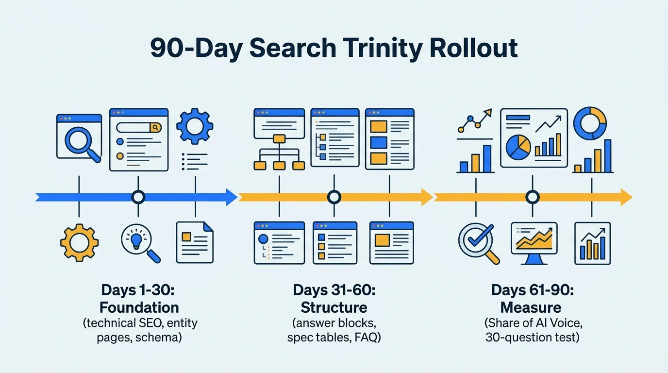 Timeline of a 90-day Search Trinity rollout: foundation, structure and measurement phases
