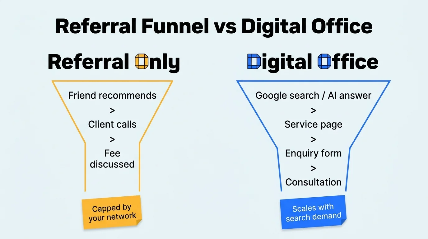 Comparison of a referral-only funnel capped by your network versus a Digital Office funnel that scales with search demand