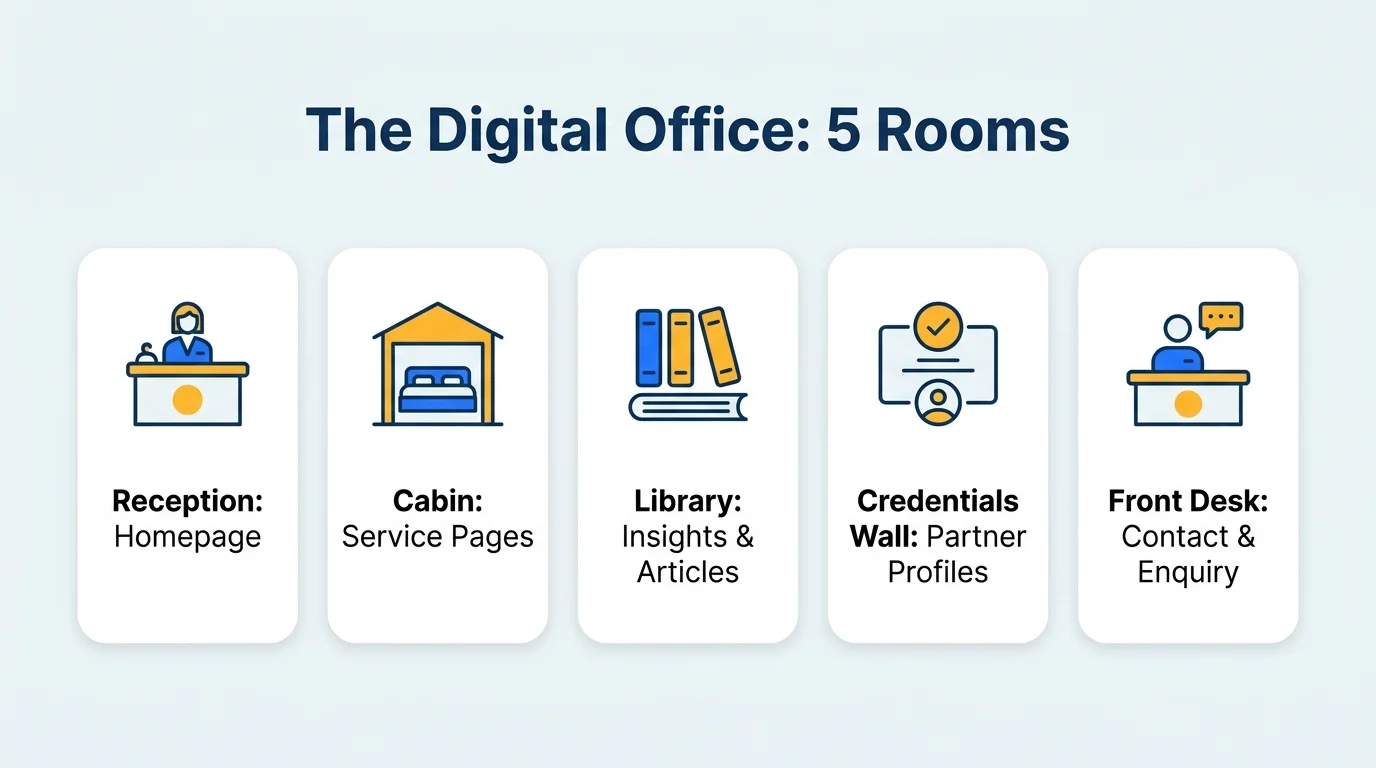 The five rooms of a Digital Office: reception homepage, cabin service pages, library articles, credentials wall partner profiles and front desk enquiry