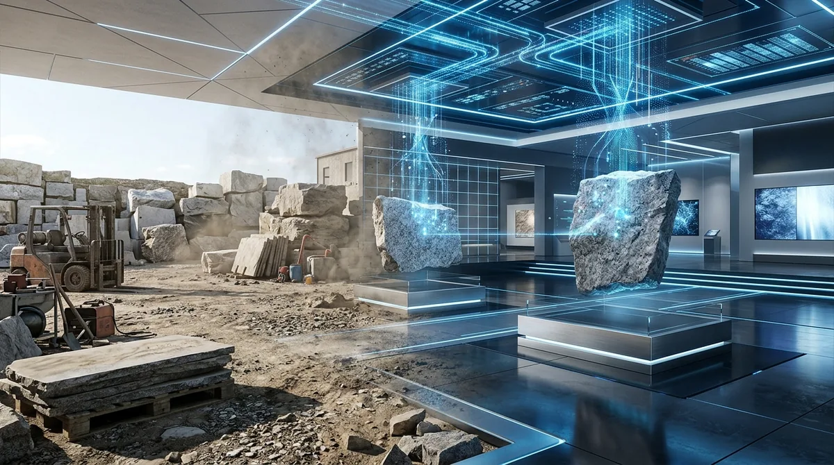 3D rendering showing a dusty traditional outdoor stone yard transforming into a pristine glowing digital gallery space with hovering granite slabs.