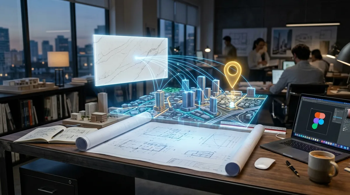 High-end architectural desk with a glowing 3D holographic projection of a quartz slab and a local search map pin hovering above a blueprint.