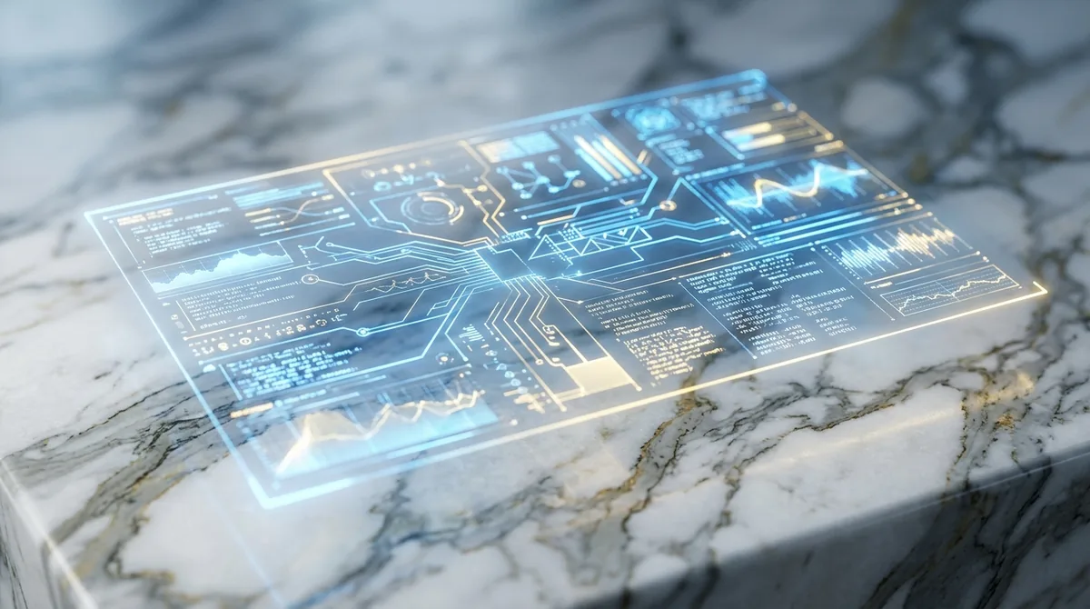 Macro shot of veined marble with a glowing blue and gold technical interface displaying abstract data points and structured schema code hovering above it.