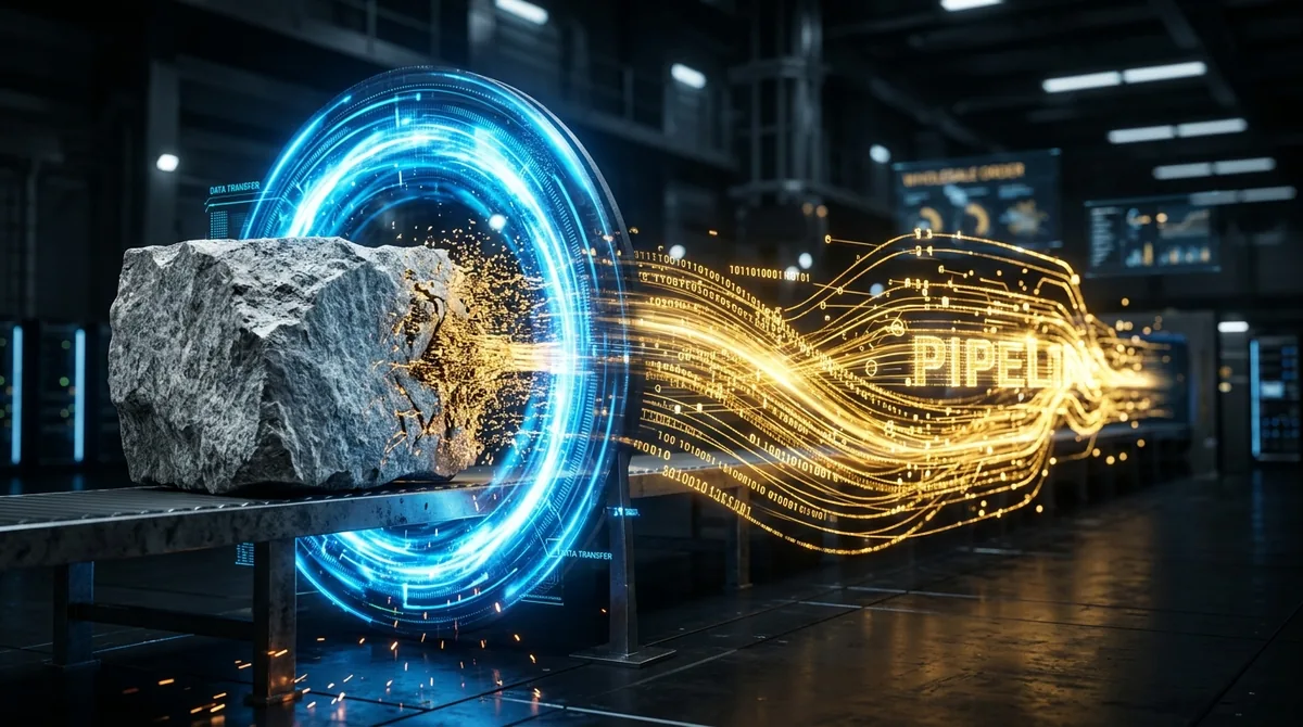 A large block of raw grey granite passing through a glowing blue digital portal and transforming into a stream of golden data particles.