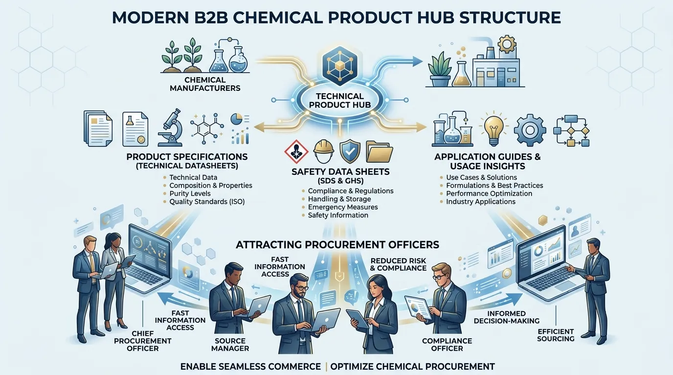 Infographic showing the structure of a technical B2B product hub for chemical manufacturers.