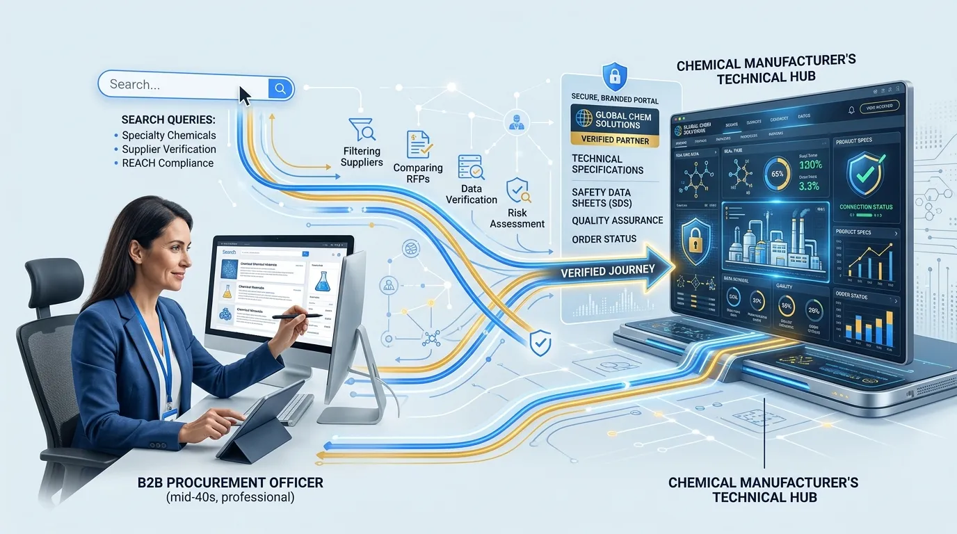 Visualization of a B2B procurement officer's digital journey to a technical hub.