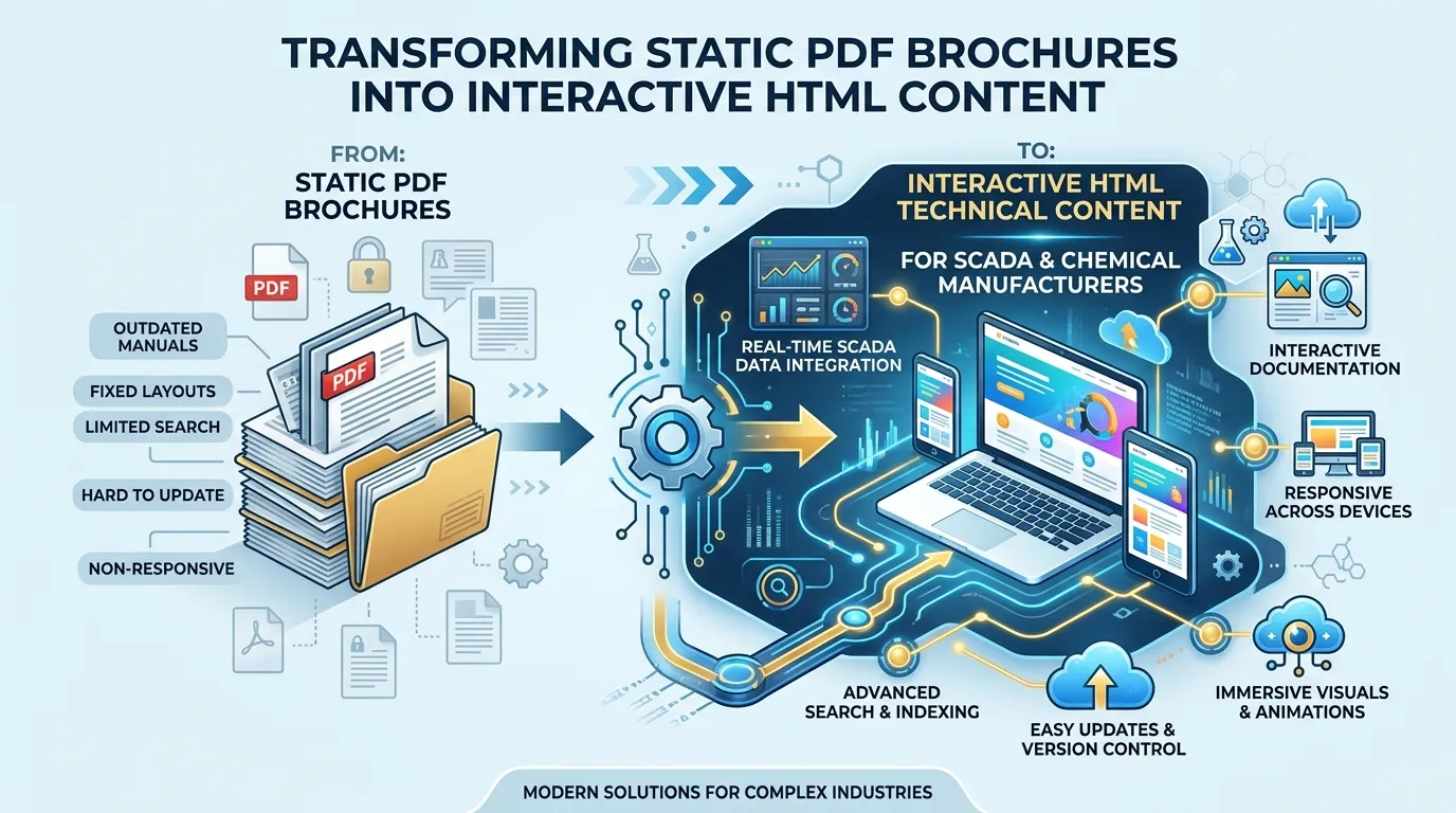Infographic representing the transformation of static PDF brochures into interactive HTML technical content.